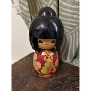 Vintage Hand Painted Floral Hearts Burnished Wood Japanese Kokeshi Doll Figurine
